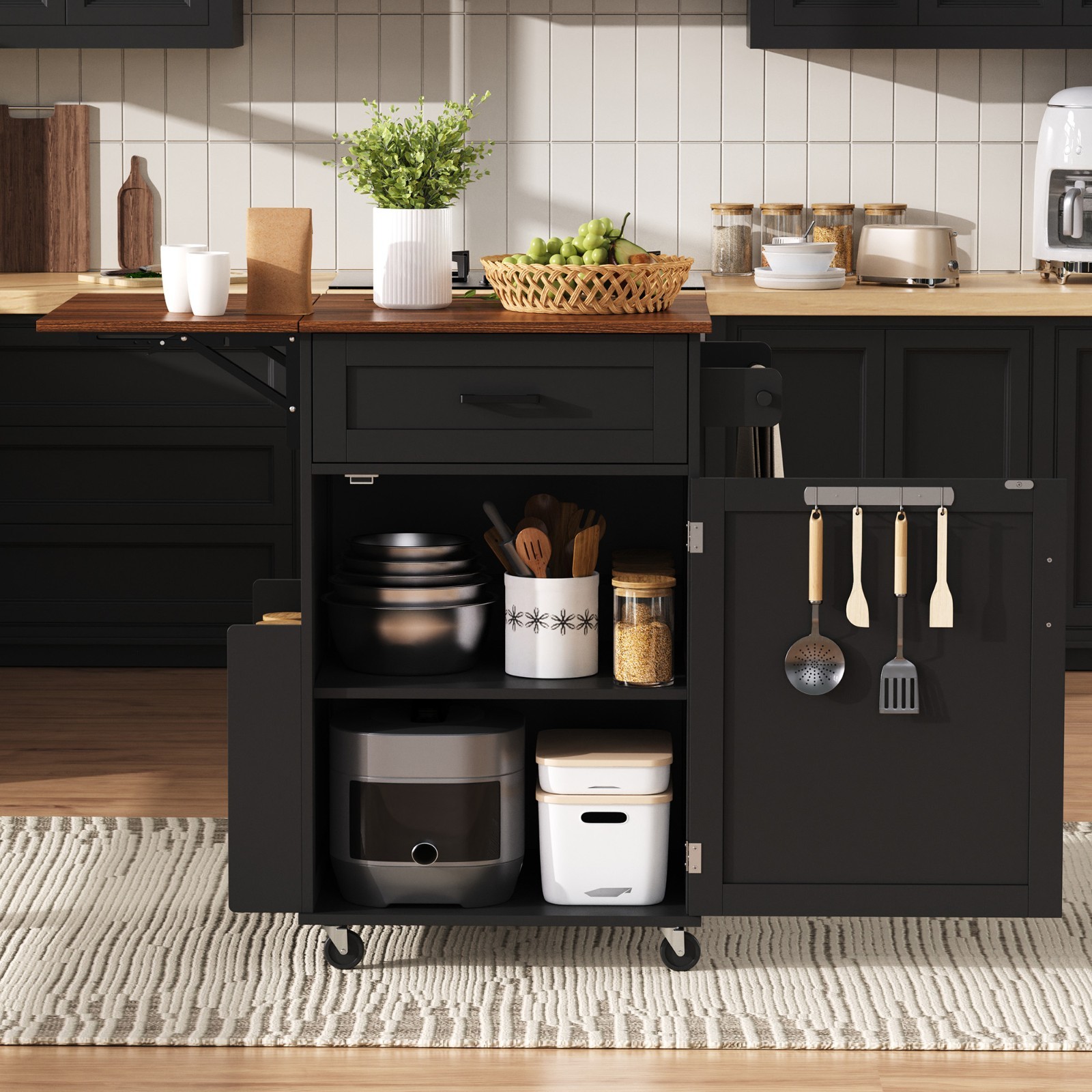 Rolling Kitchen Island Cart Storage Cabinet with Drop Leaf and Side Rack
