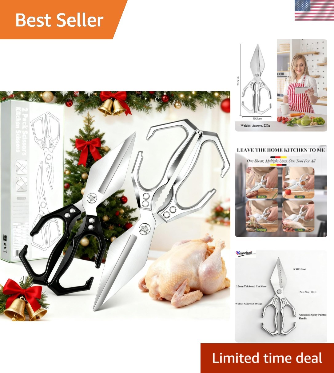 Heavy Duty Kitchen Shears for Bone Cutting, 2 Pack Ultra Sharp Poultry Scissors,