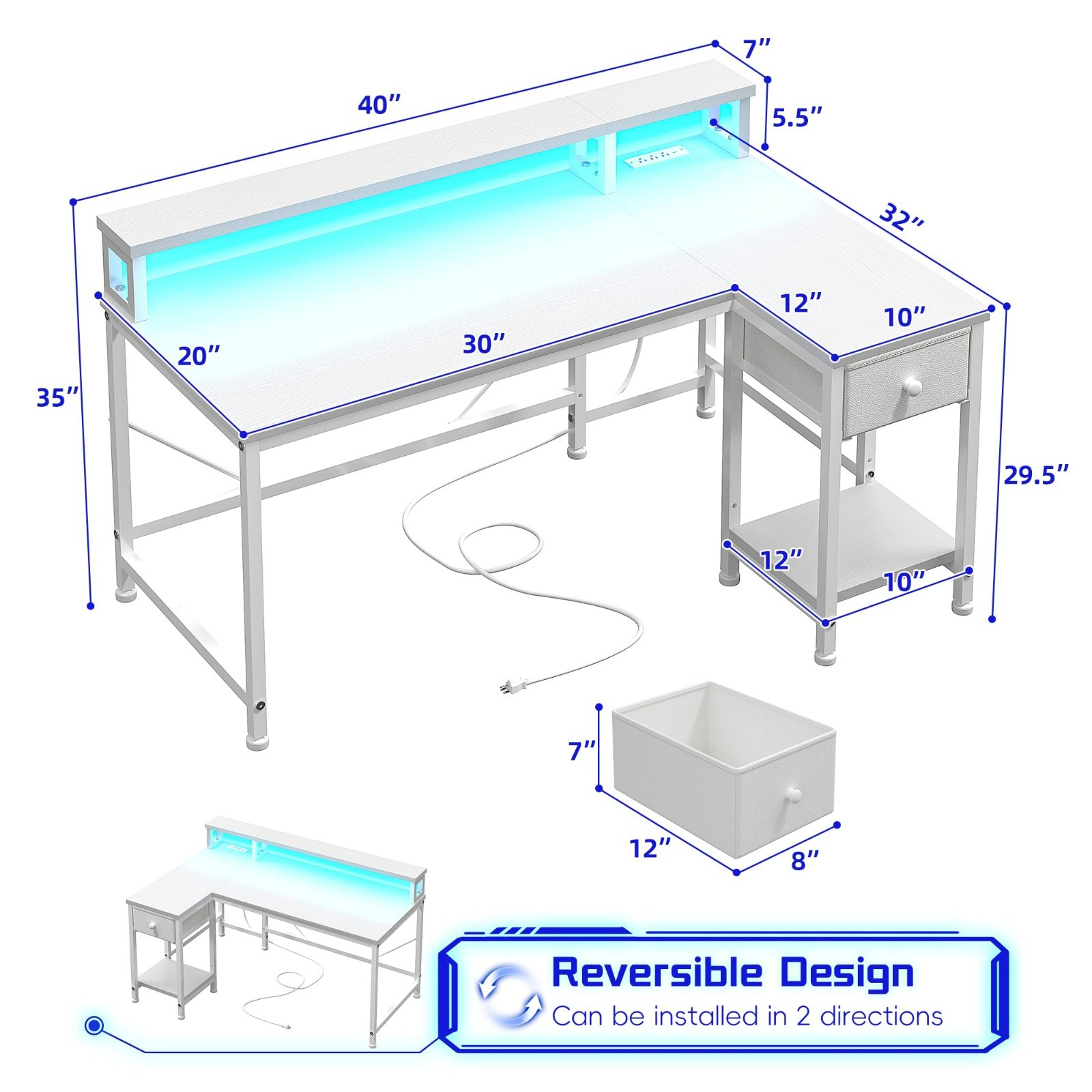 Study Table Office 40 inch L Shaped Computer Desk w/ Drawers & LED Lights,White