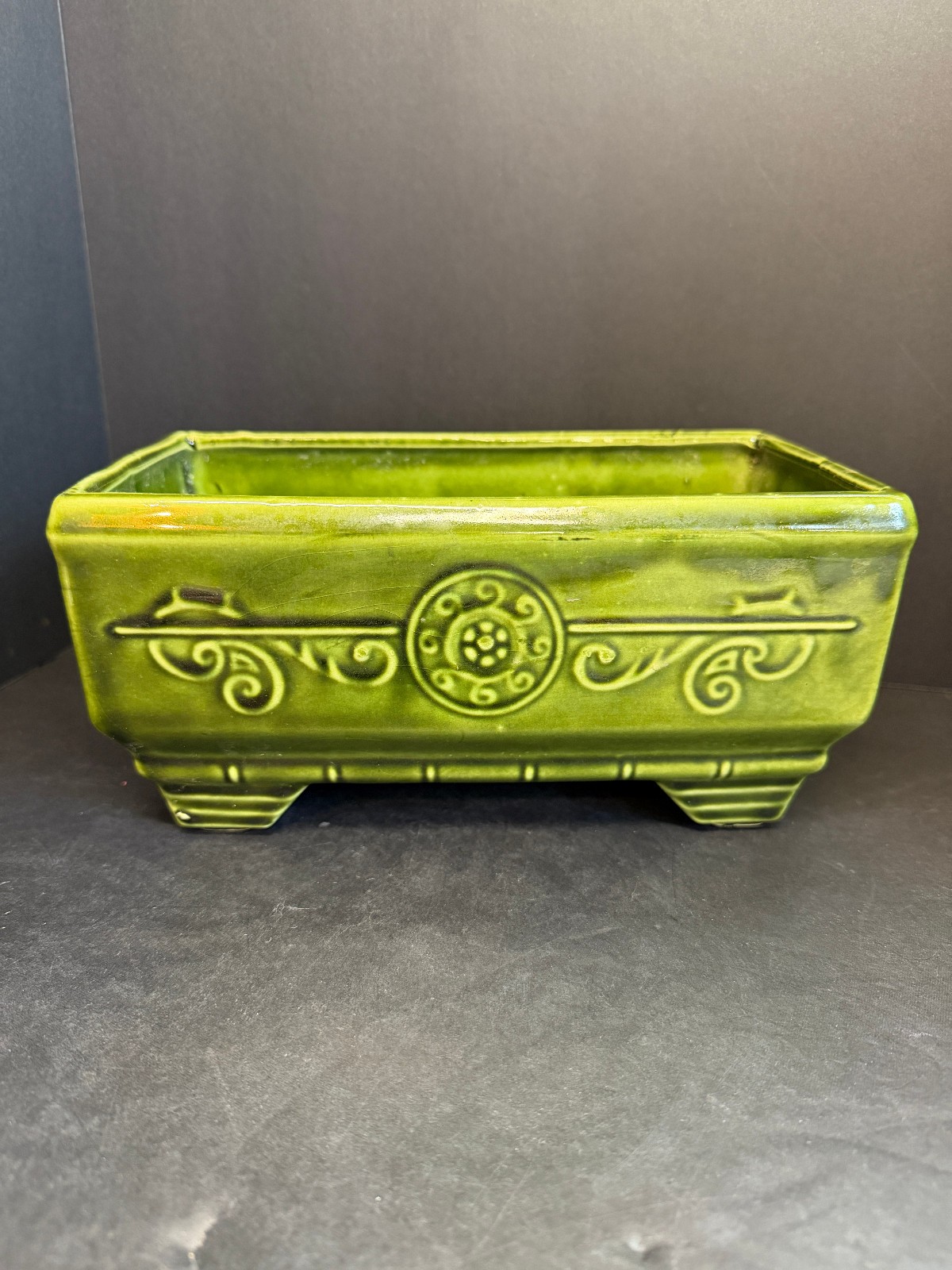 Vintage Green Ceramic Planter Mid Century Scroll Design Footed Plant Pot 9”