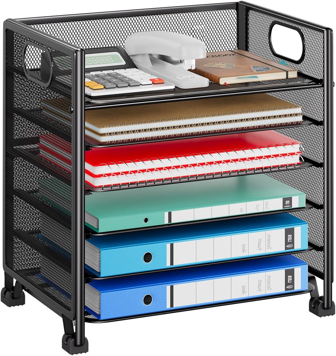 6-Tier Letter Tray Organizer, Metal Mesh File Holder, Black | 6-Tier Large Capac