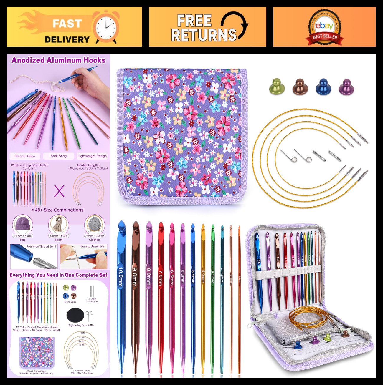 Interchangeable Tunisian Crochet Hooks Set - 12 Sizes (3.0-10mm) with Cables & B