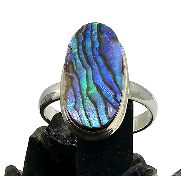 Statement Paua Shell Ring, Size 11, Sterling Silver, Long Oval Shape, Blue Green