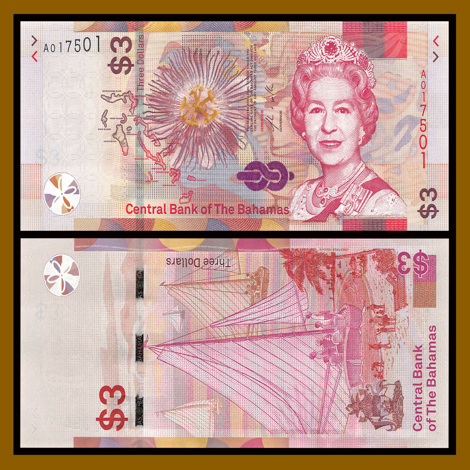 Bahamas 3 Dollars, 2019 P-New Queen Elizabeth Beach Unc