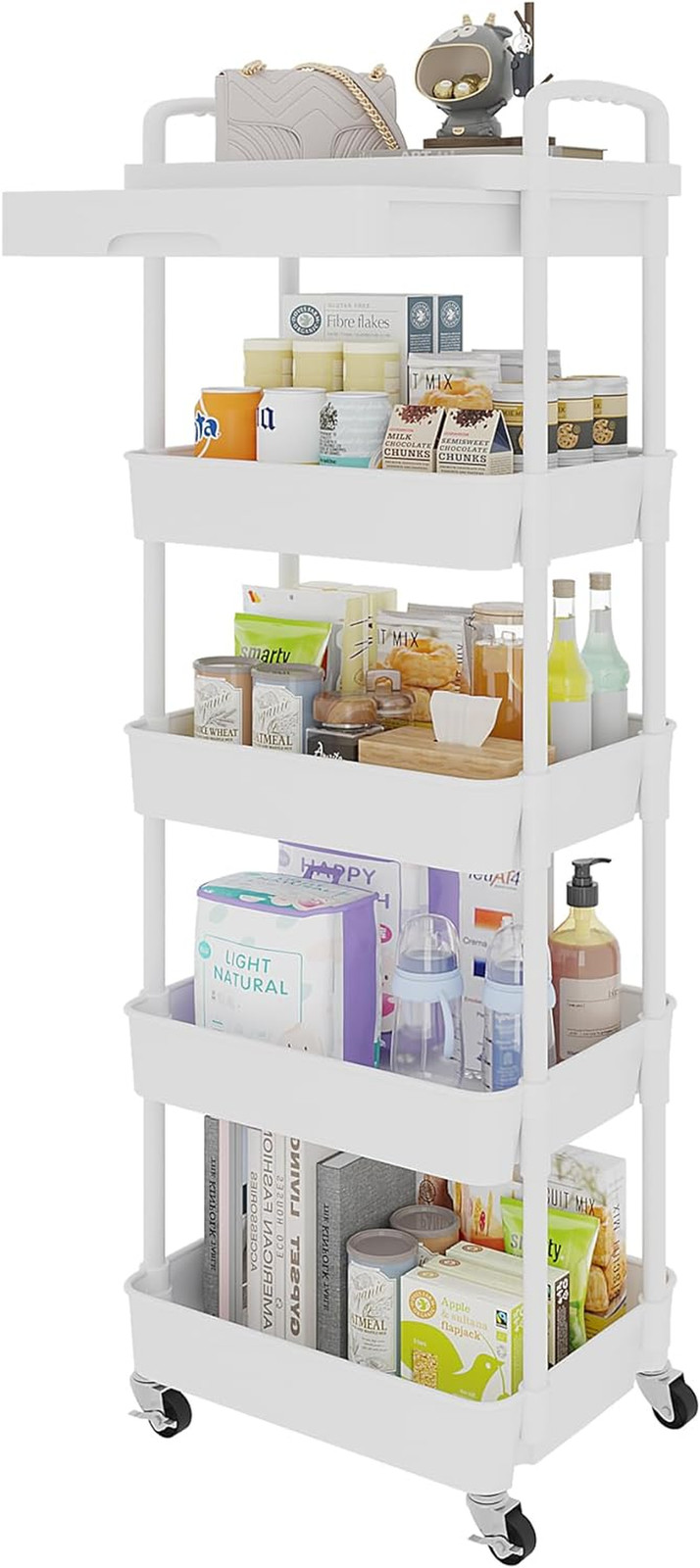 Calmootey 5-Tier Rolling Utility Cart with Drawer,Multifunctional Storage Organi
