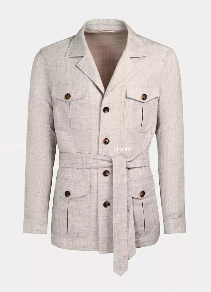 Mens Casual Tops Retro Cotton Linen Safari Jacket Breathable Belted Hunting Coat
