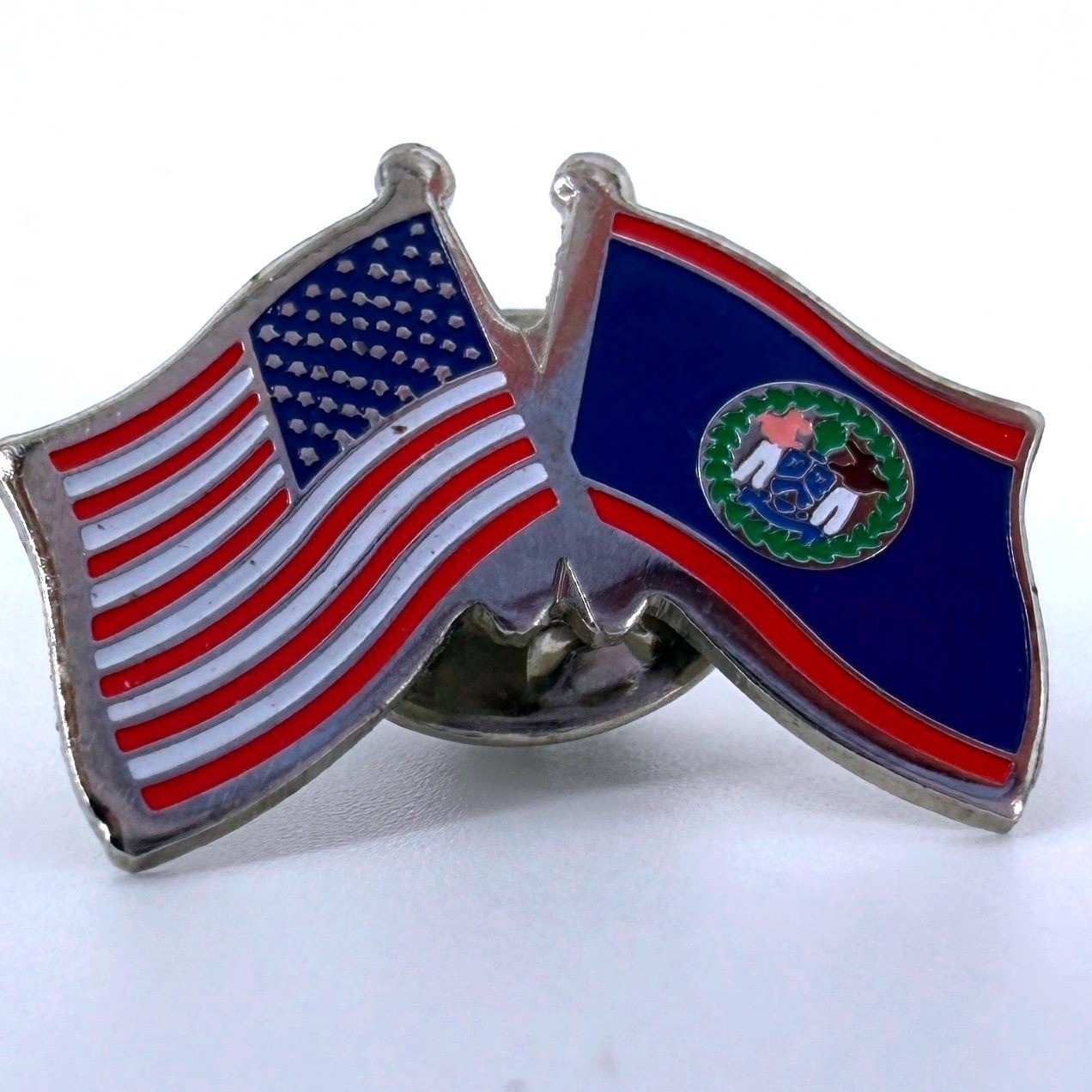 Vintage USA & Belize Crossed Flag Lapel Pin Silver Tone Enamel Patriotic Badge