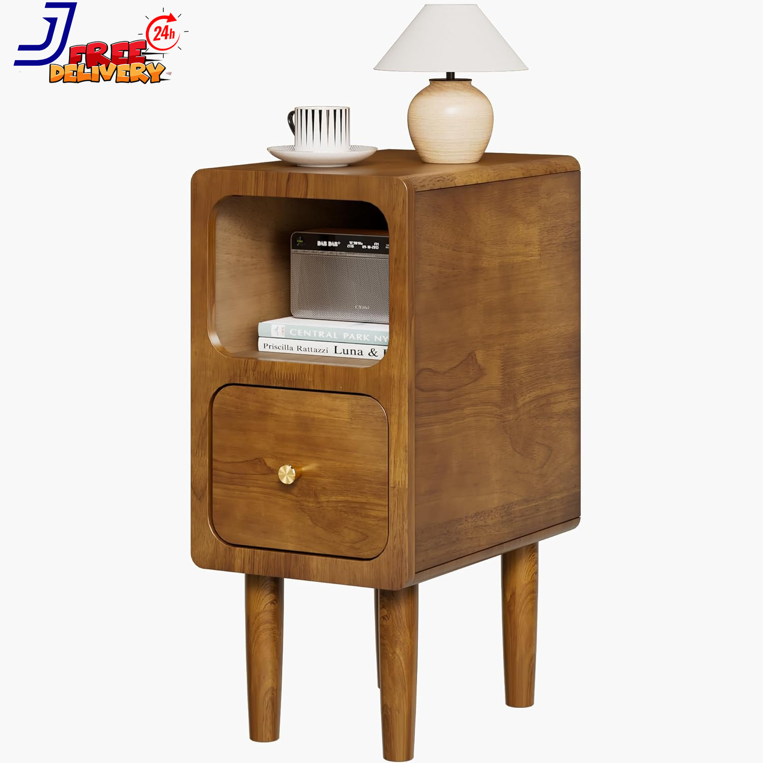 Narrow Nightstand Solid Wood Night Stand with Drawers Walnut Mid Century Moder