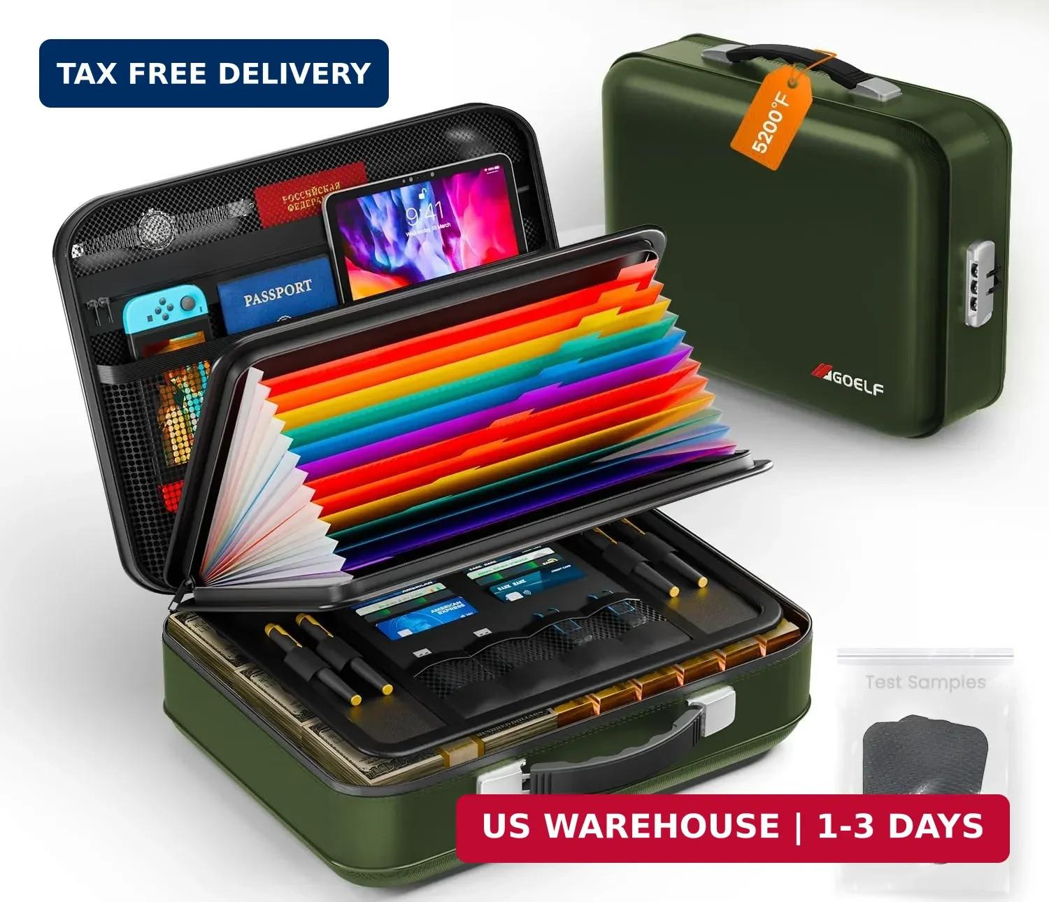 Fireproof Document Box with Lock, 5200°F Fireproof Water Resistant Hard Case Fil