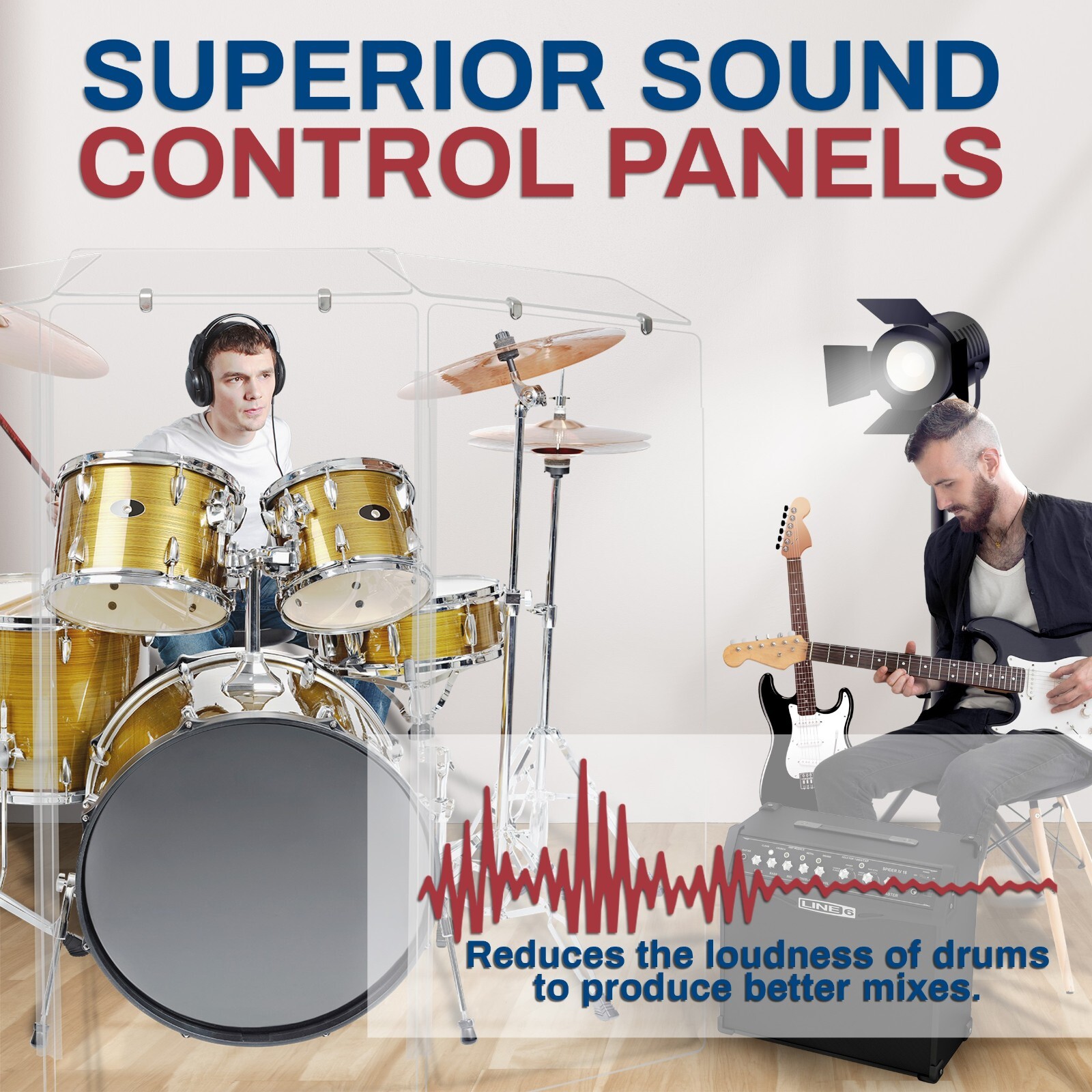 Drum Shield, 2ft. x 4 ft. Drum Panels 4 Panels with Deflectors and Living Hinges