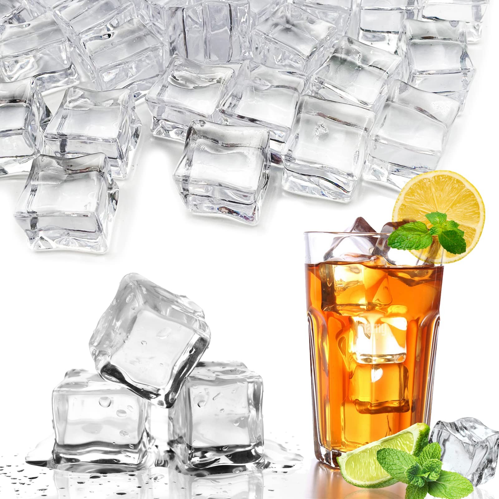 LYFJXX Fake Ice Cubes, 50 pcs 1" Artificial Plastic Ice Cube, 25 mm Acrylic C...