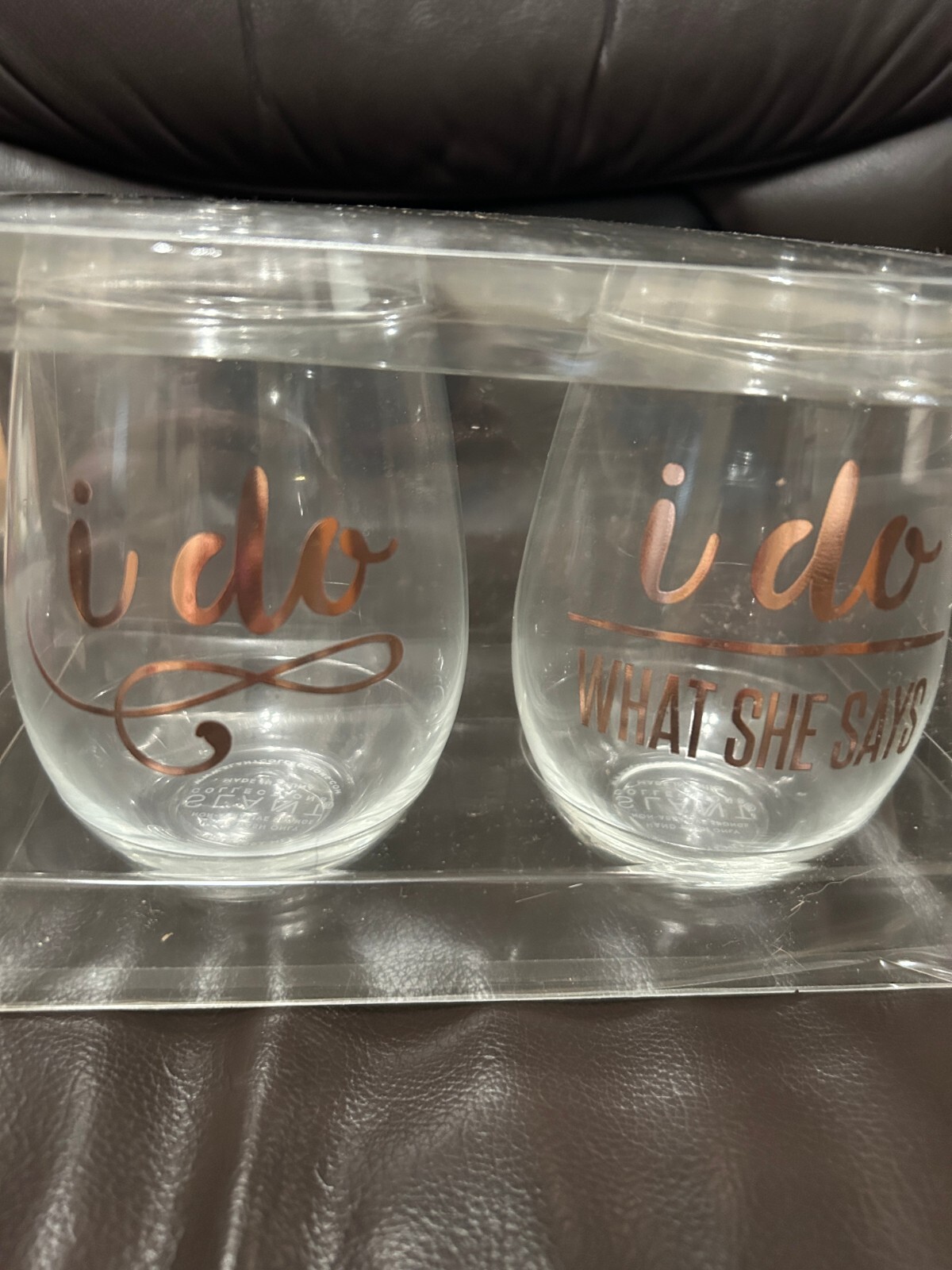 Slant Collections I Do/ What She Says Stemless Wine Glasses Set Brand New