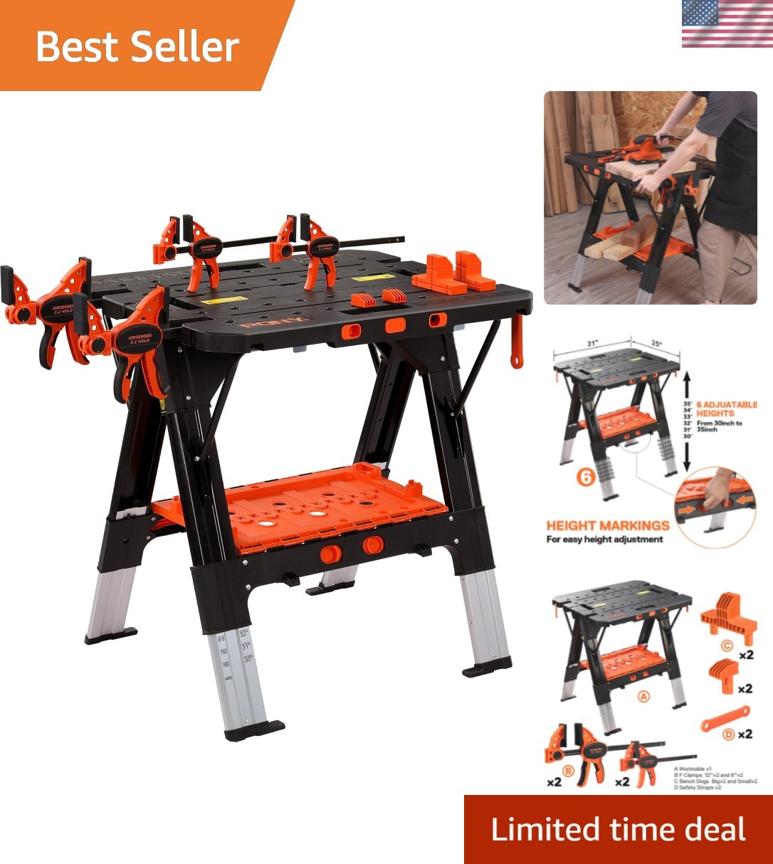 Pony Portable Folding Workbench 2-in-1 with 500 lbs Capacity & Adjustable Height