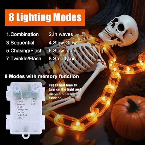 10.5FT 175LED Orange Halloween String Lights - Battery/USB, 8 Modes, Timer, Outd
