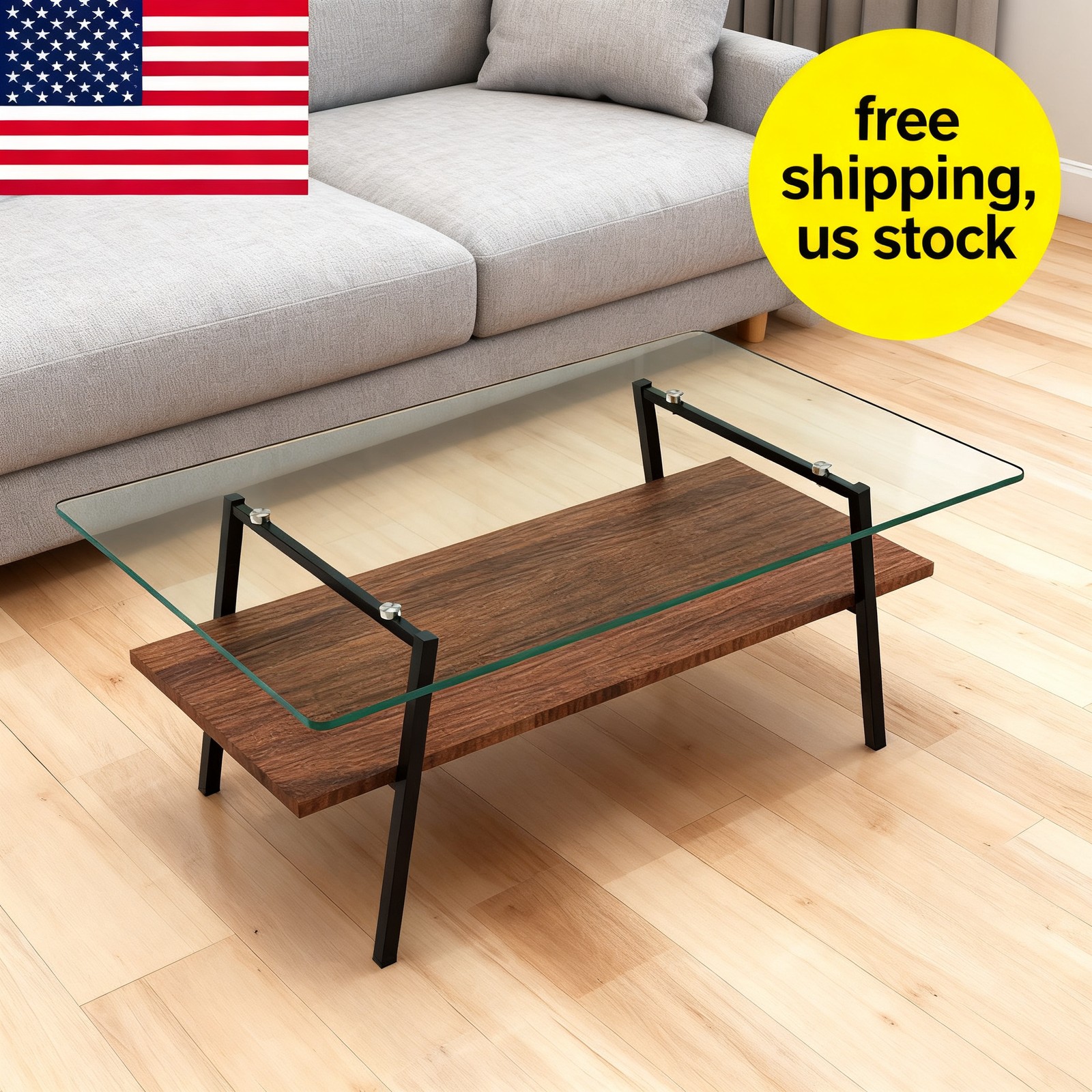 Coffee Table Glass with Tempered Glass Top, Metal Legs, Modern Living Room