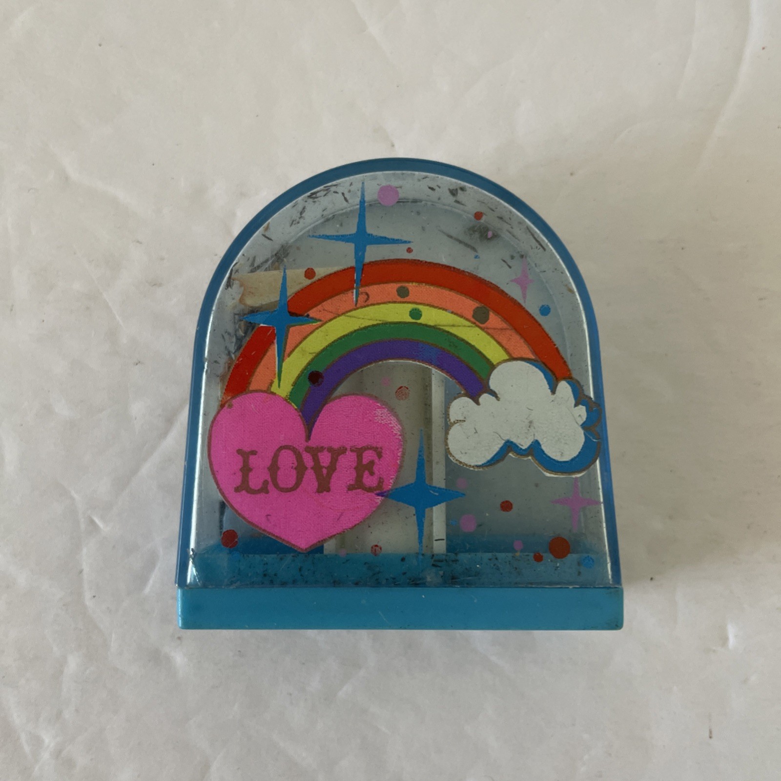 Vintage 1990s Plastic Pencil Sharpener With Rainbow and Love Heart