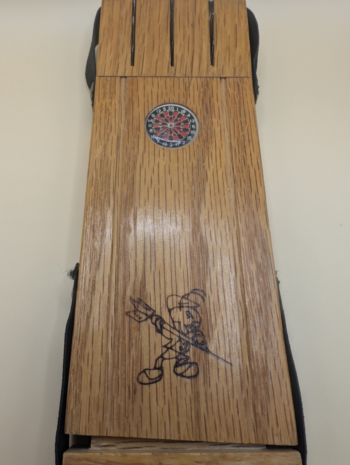 Vintage Disney Wood Jimminy Cricket Dart Case W/ Darts And Parts