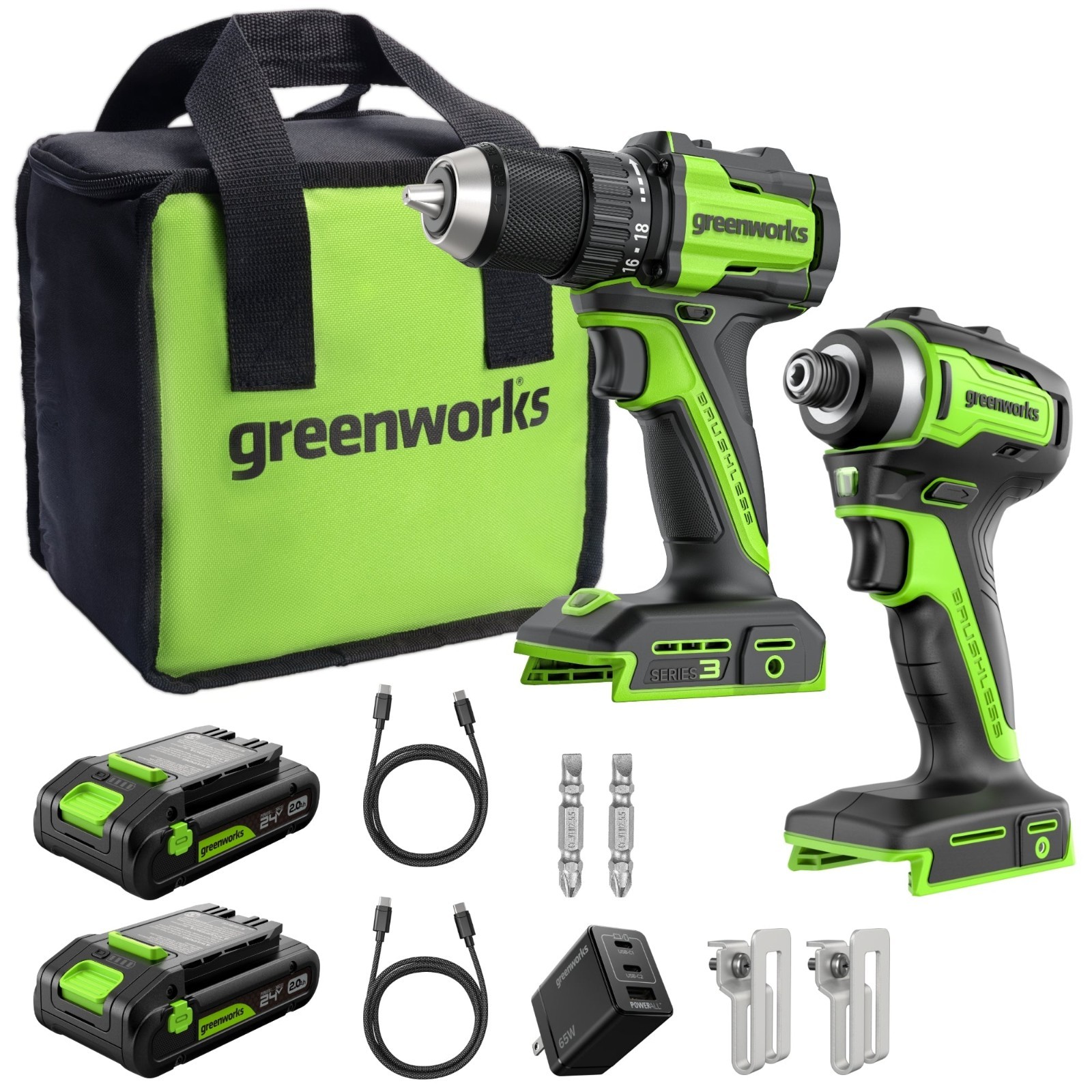Greenworks 24V 400 in-lbs Drill Driver and 1950 in-lbs Impact Driver Combo Kit