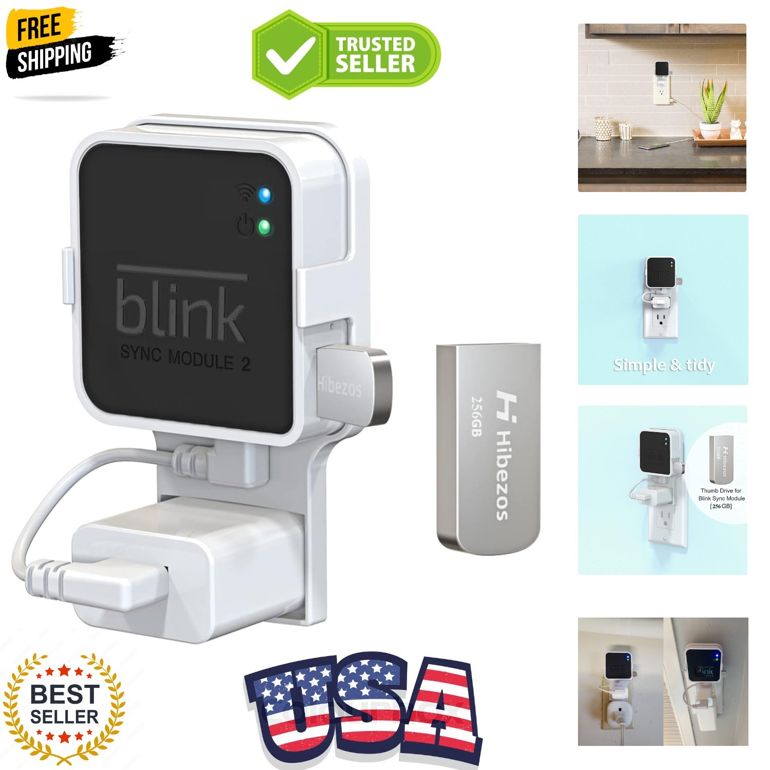 256GB USB Flash Drive and Outlet Mount for Blink Sync Module 2, Save Space an...