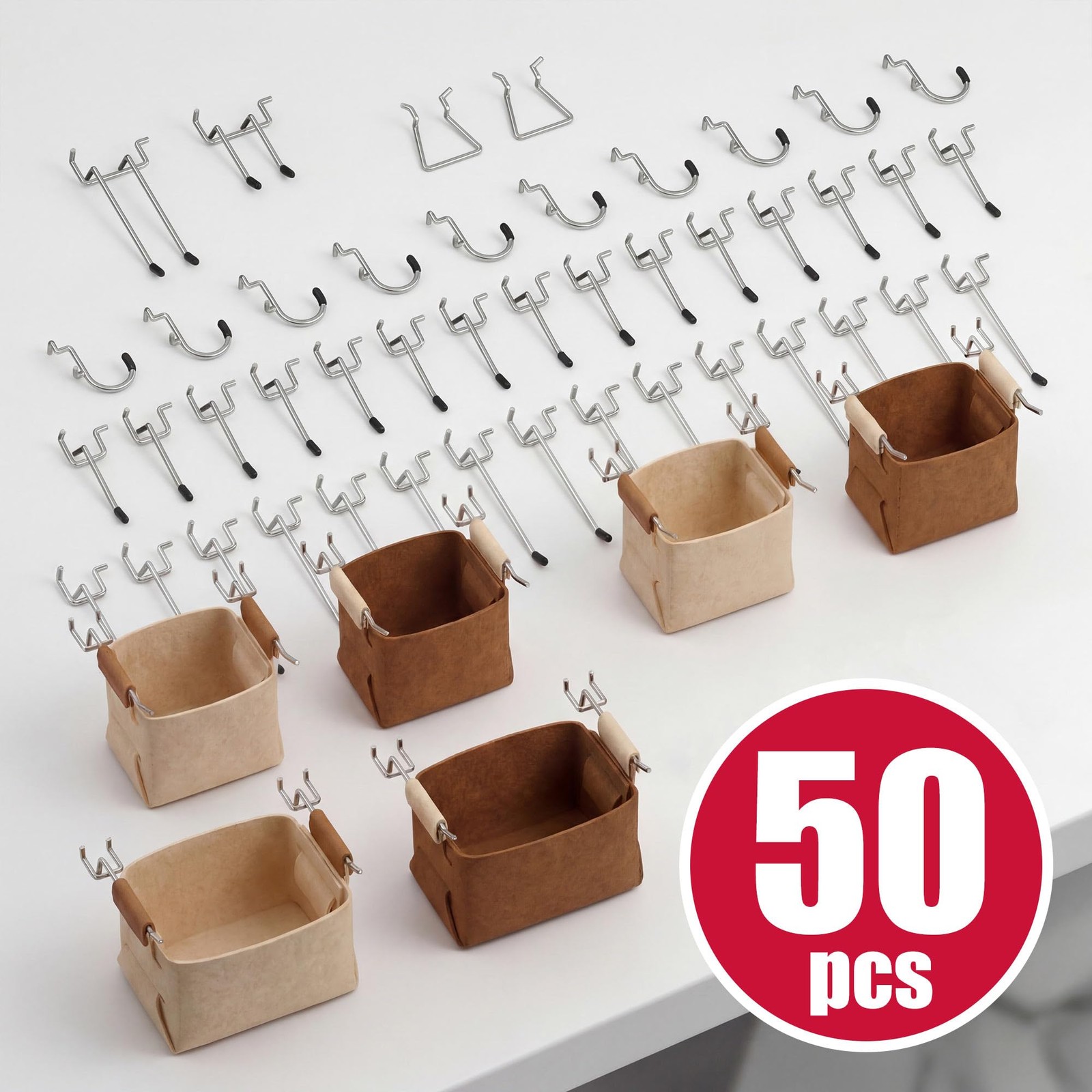 4 Pack Metal Pegboard Organizer Panel Kit w/ 50 Pcs Hooks Baskets White