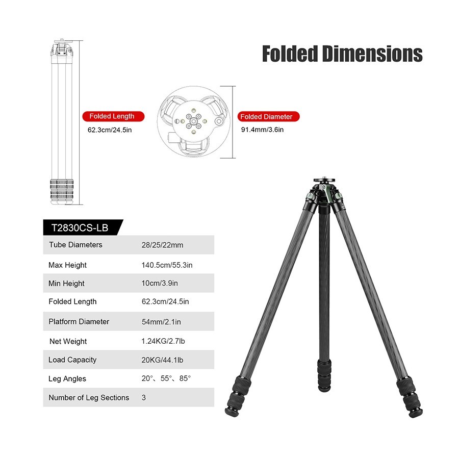 Sunwayfoto T2830CS-LB Low Center of Gravity Carbon Fiber Tripod , 3-Sections