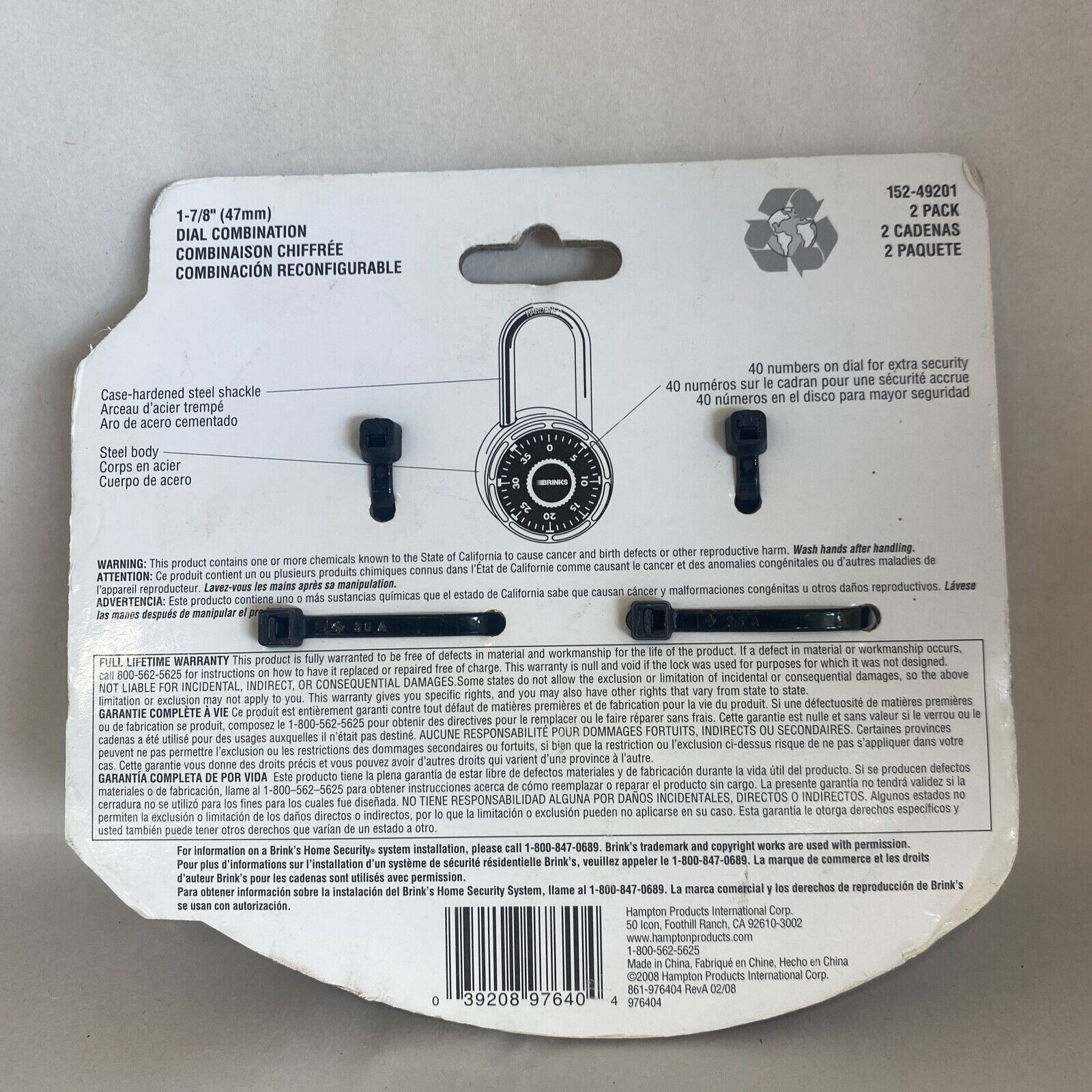 Brinks Combination Lock (2 pack) Black 152-49201 School Gym Locker