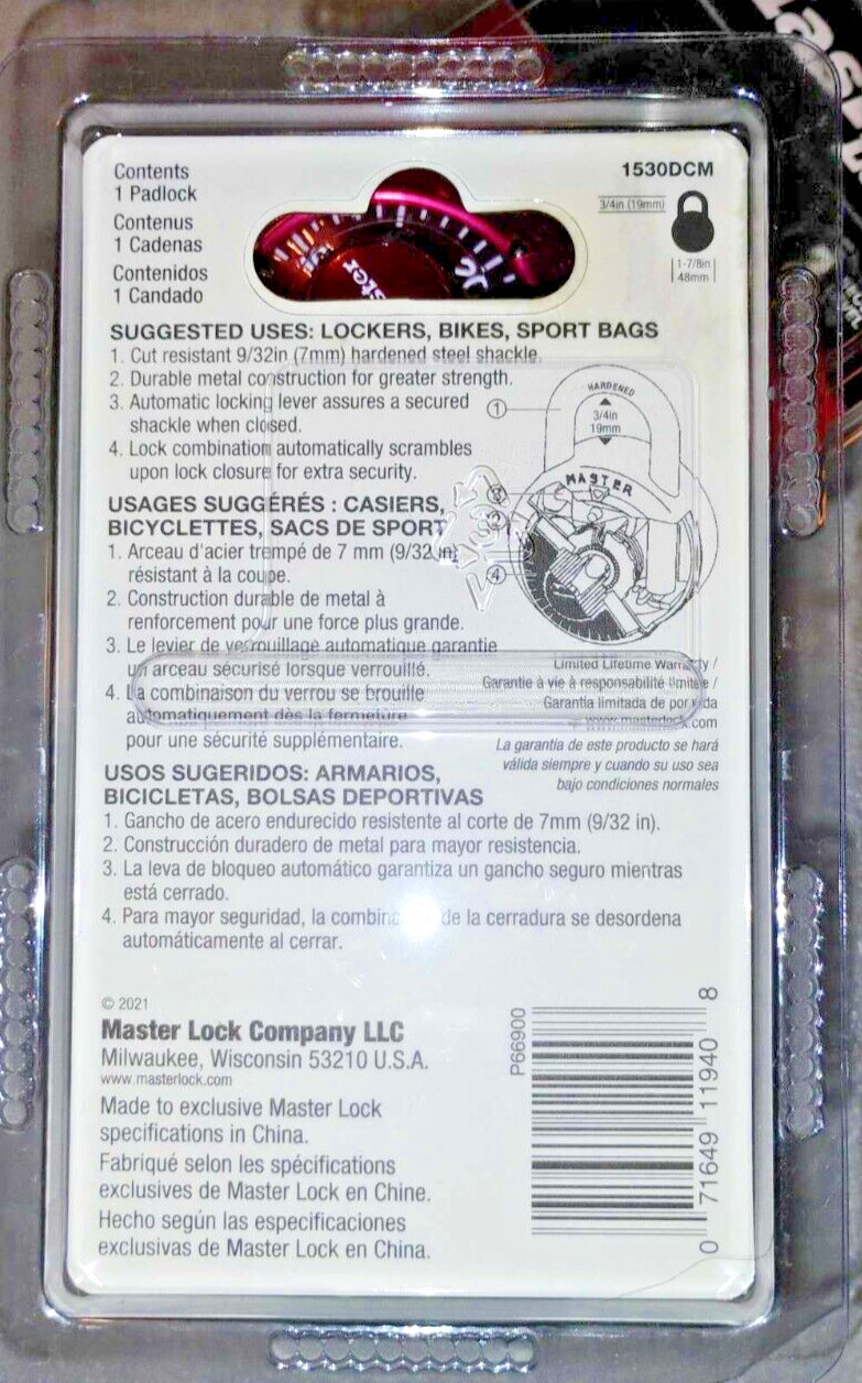 Master Lock Combination Lock 1530DCM (Red) ~ ALL NEW!!!