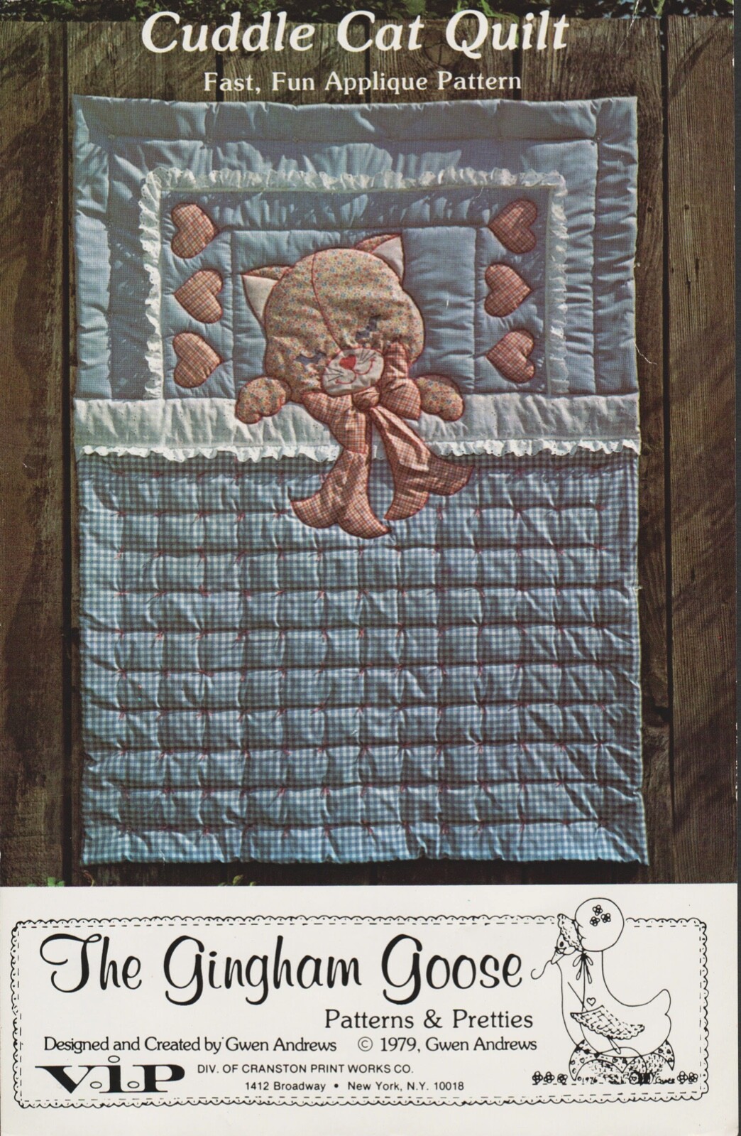 CUDDLE CAT, Gingham Goose Quilt Pattern Machine Appliquéd, Quilt, New, 42”x58”