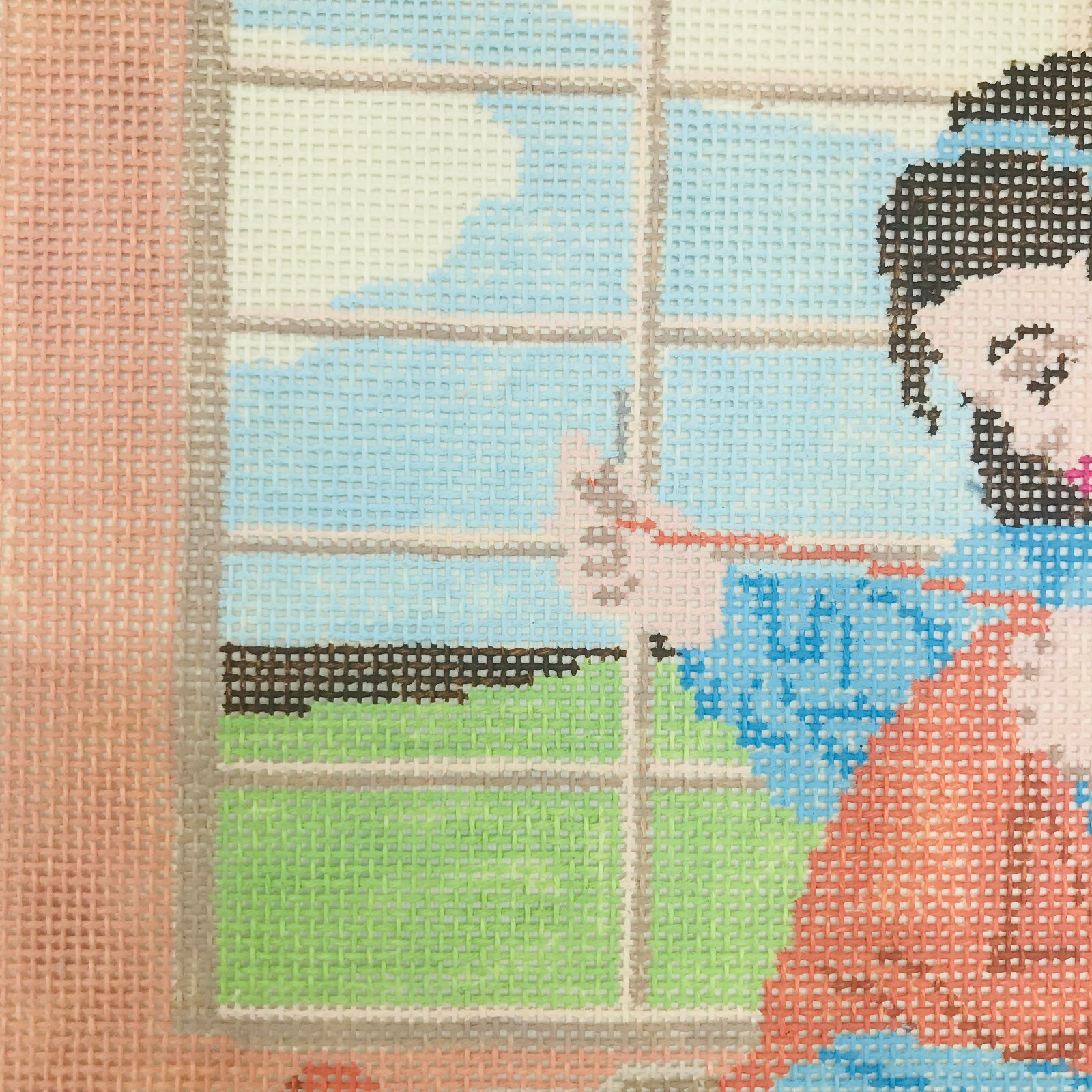 Needlepoint Pattern Hand Painted Bettina Saschi Girl Sewing Signed Primitive