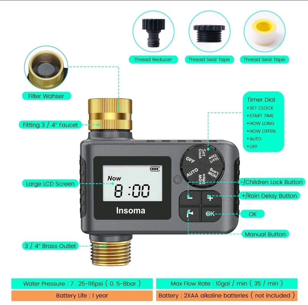 Sprinkler Timer with Brass Inlet and Outlet, Programmable Water Timer for Out...