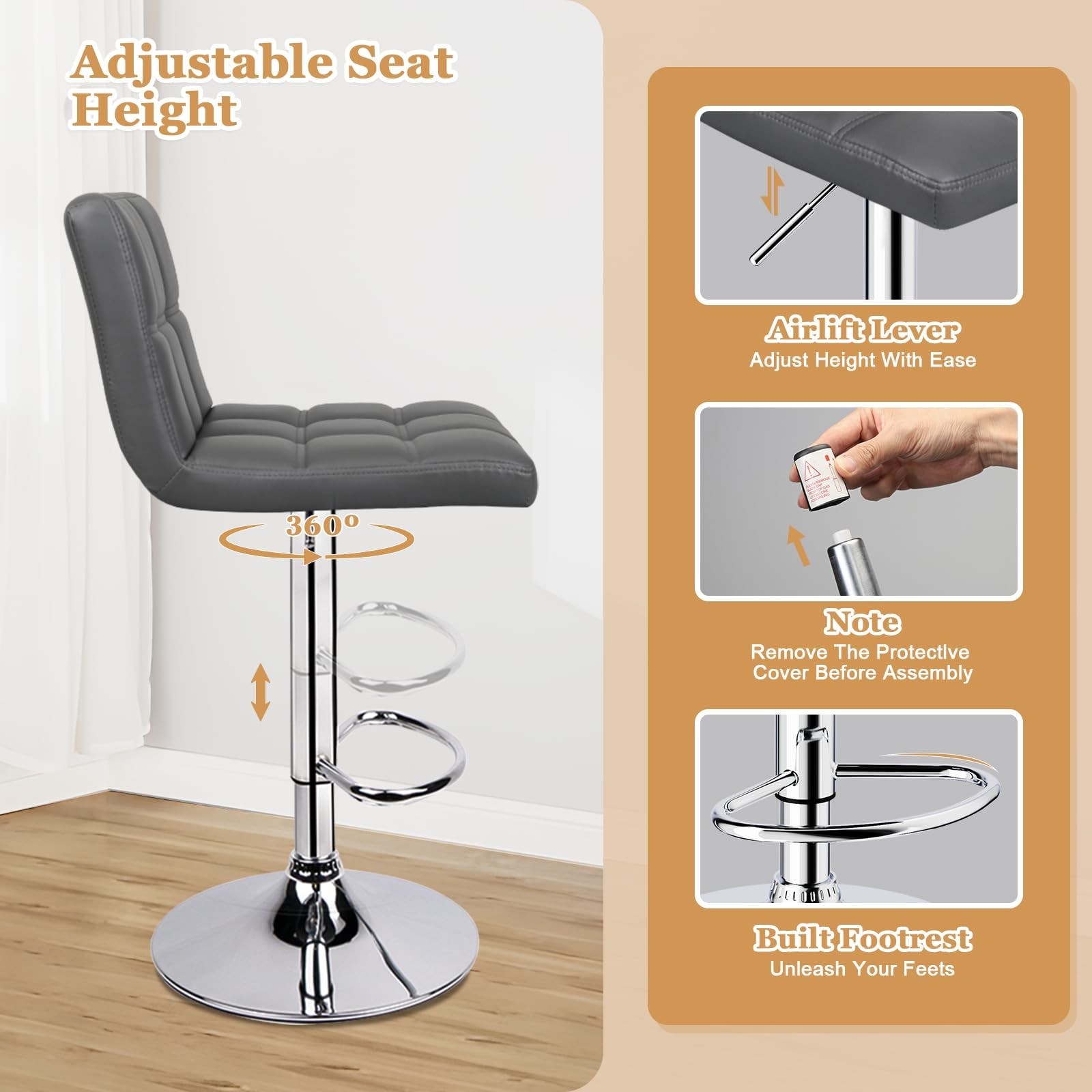Bar Stools Set of 2, Armless Adjustable Swivel Barstools with Back, Double Ne...