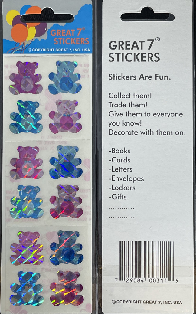 12 packages of Prismatic Teddy Bear Stickers, "Great 7" Sticker designs, PPZ6111