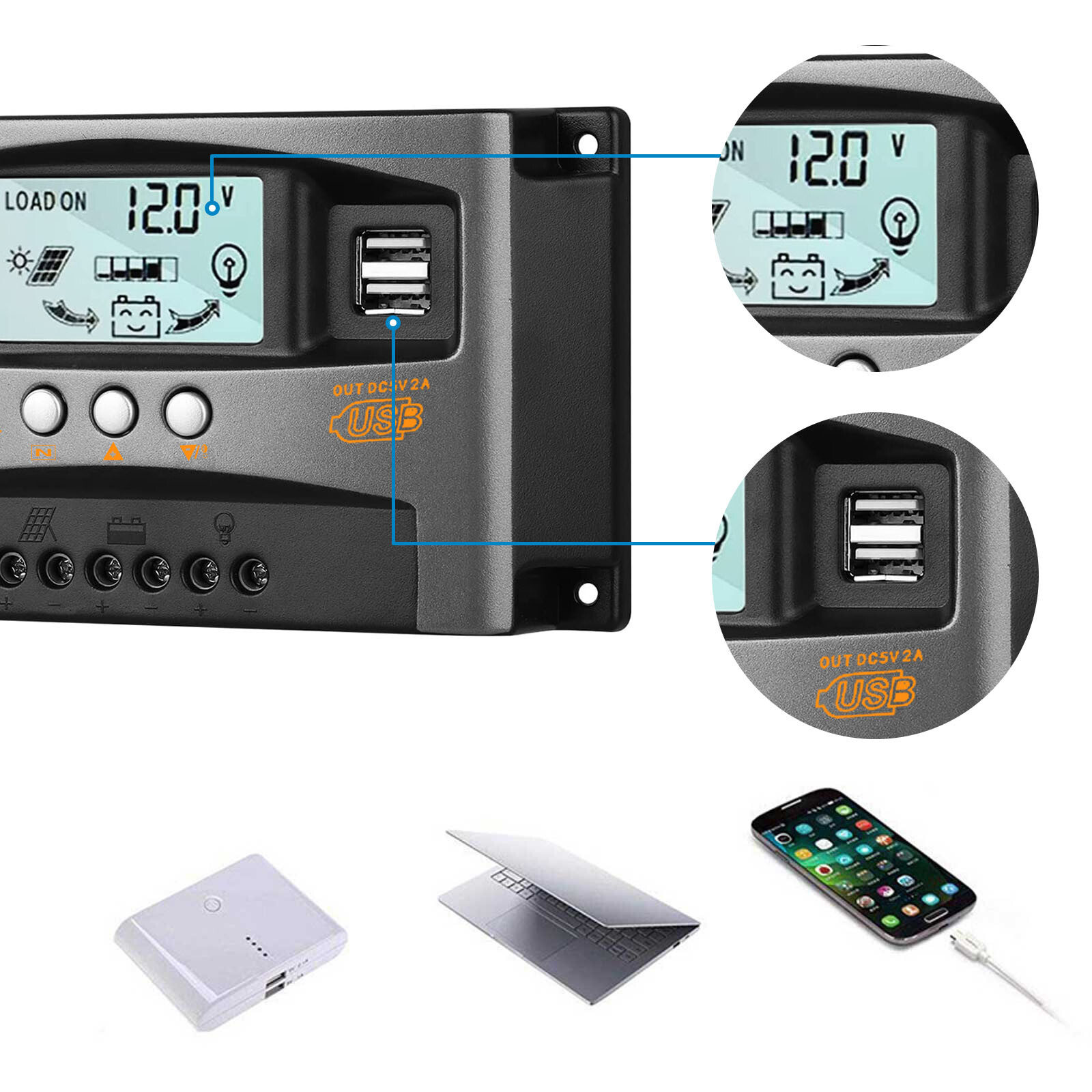 30A/60A MPPT Solar Panel Battery Charge Controller 12V/24V Regulator Dual USB DC