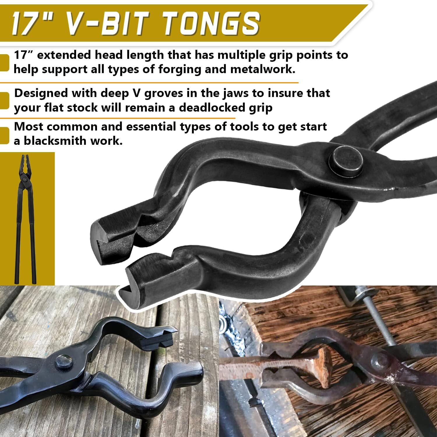 17” V-Bit Bolt Tongs 1.5KG 3.3LB Blacksmith Hammer Kit Tongs and Hammer Tool Set