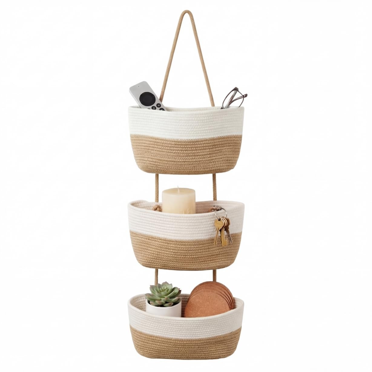 Hanging Wall Basket, Over the Door Hanging Basket with Hooks, 3-Tier Cotton H...