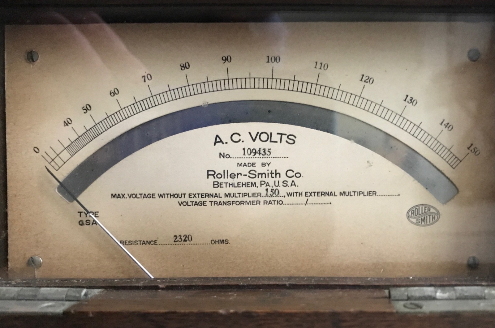 Voltmeter, vintage electronics, 0-150 volts A.C., Roller-Smith Co., works.