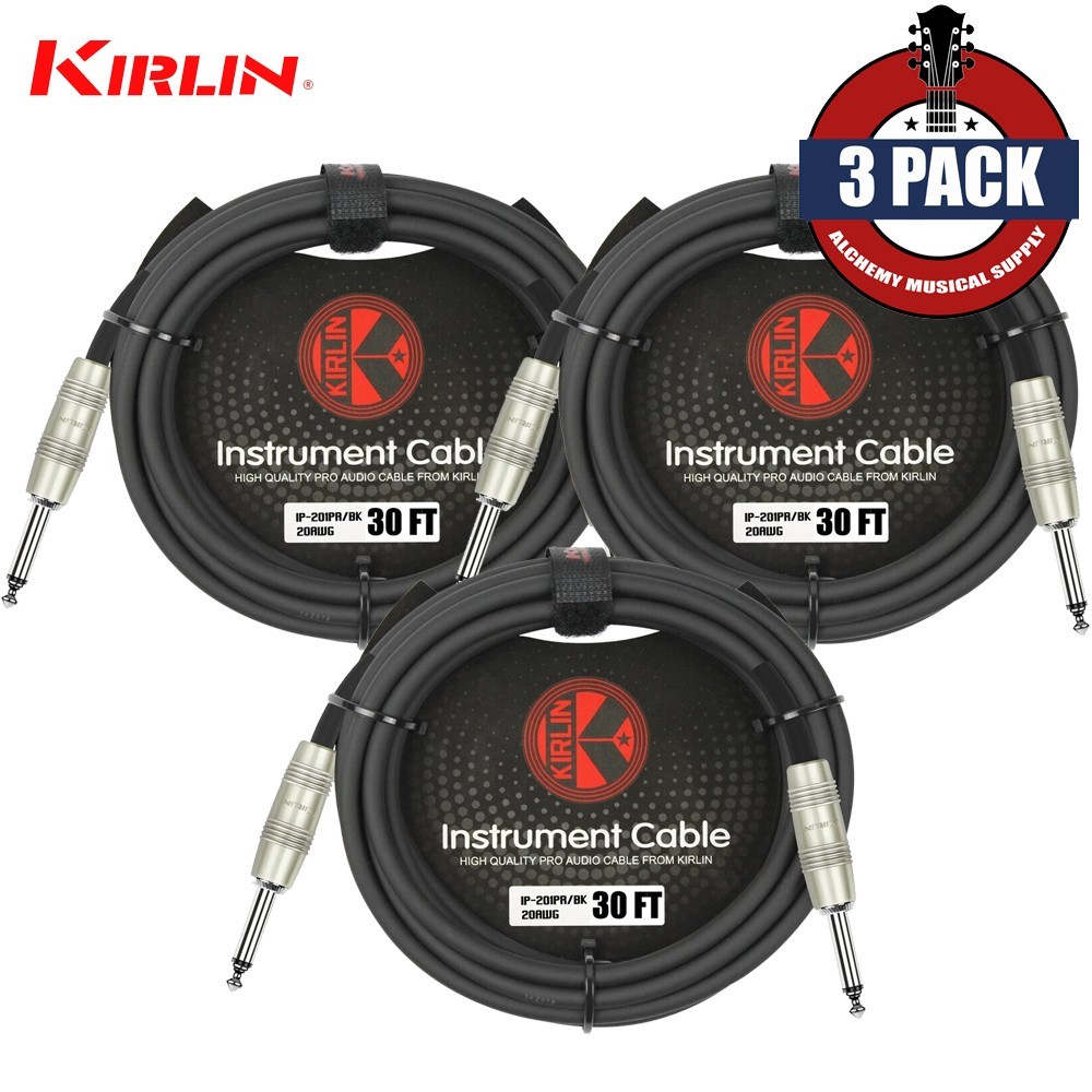 3-PACK 30FT Kirlin 1/4" Mono Straight Male/Male Instrument Guitar Cable, 20AWG