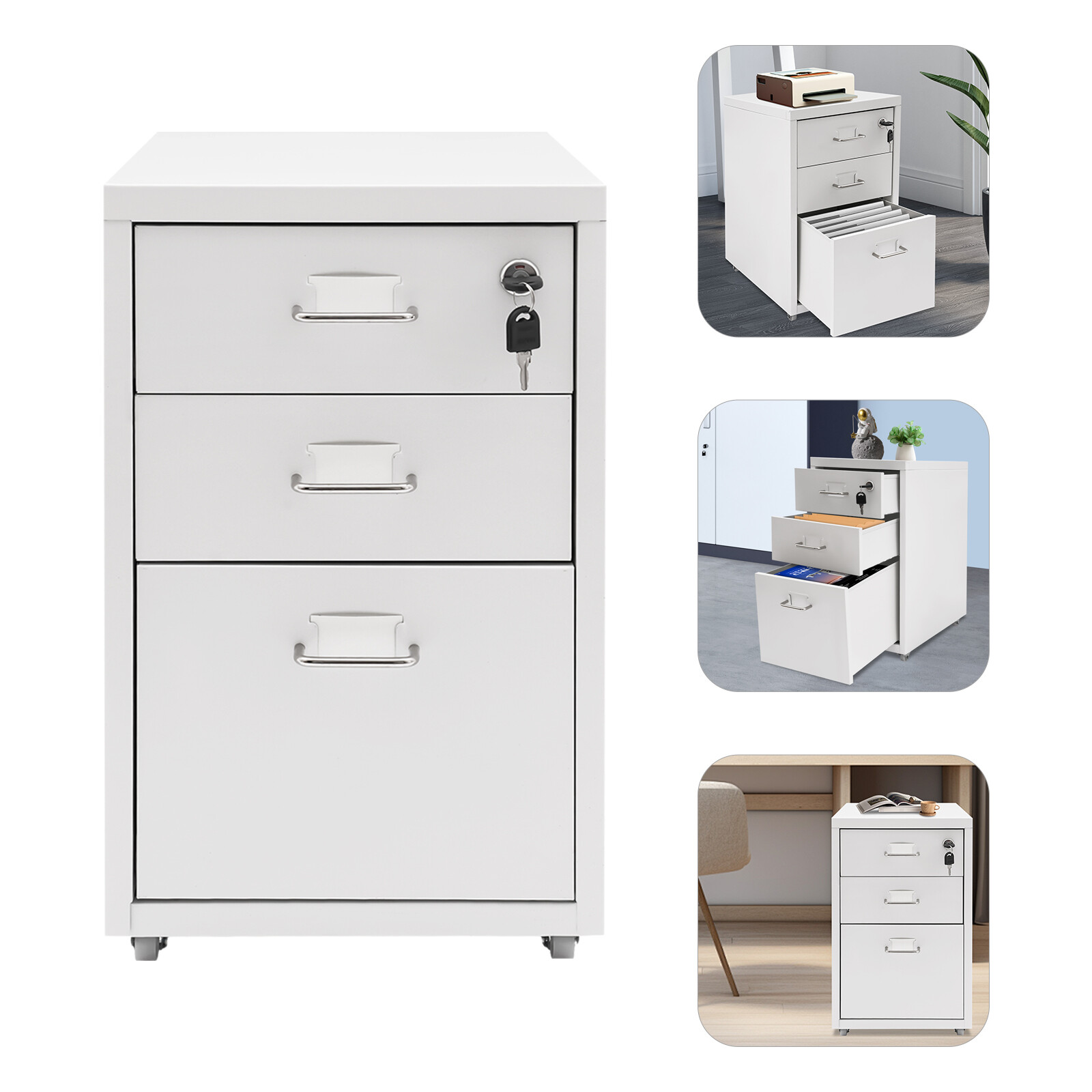 3 Drawer Vertical File Cabinet Lockable Metal Mobile File Cabinet White office