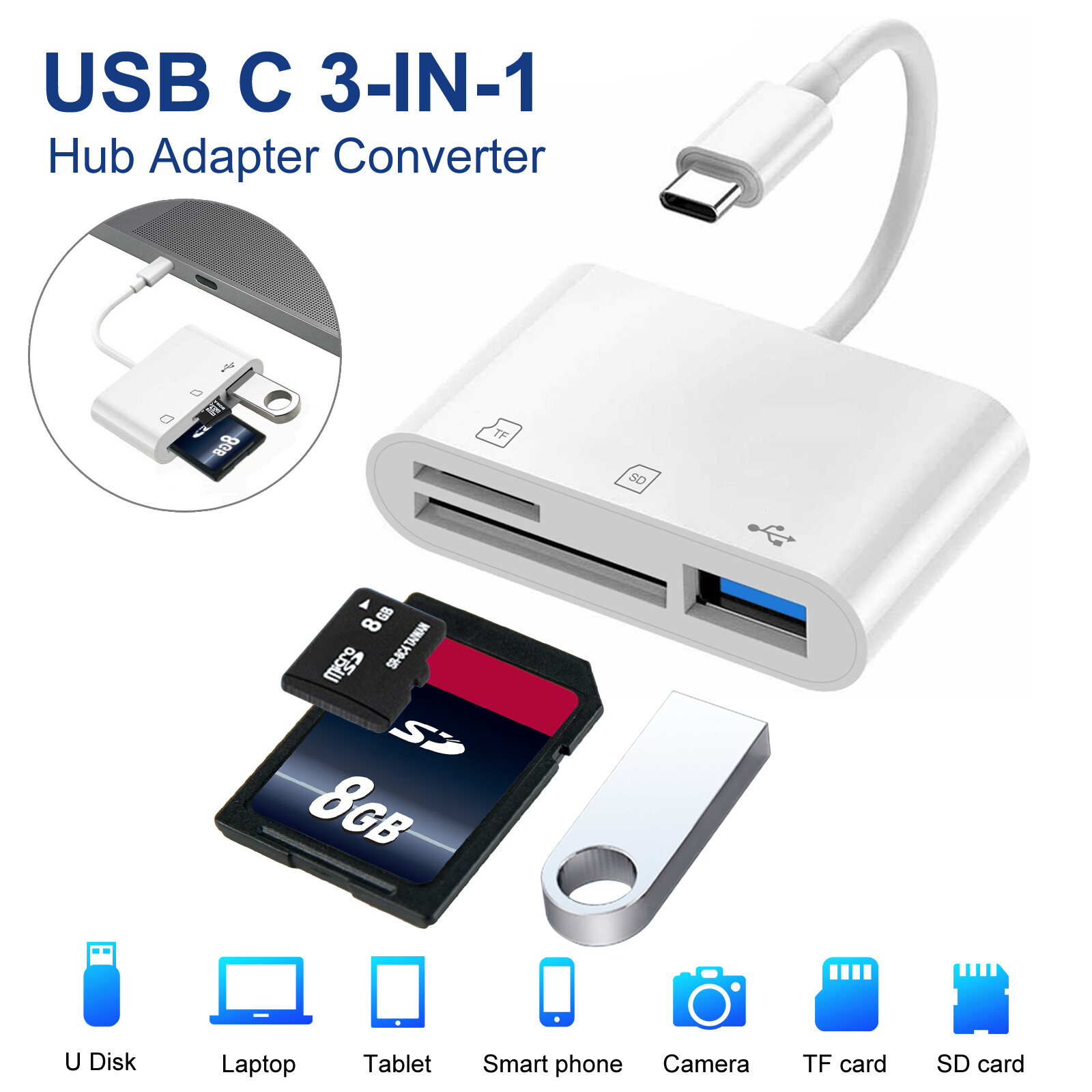 USB C SD Card Reader, 3 in 1 OTG Adapter, for Micro SD/SDHC/SDXC/Micro SDHC/MMC