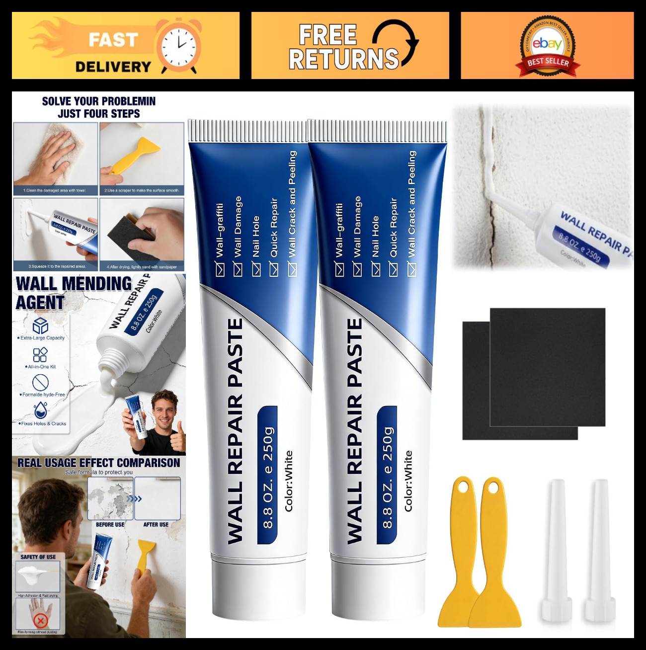 2PCS Drywall Repair Kit - Wall Patch Mending Agent with Scraper, DIY Home Fix To