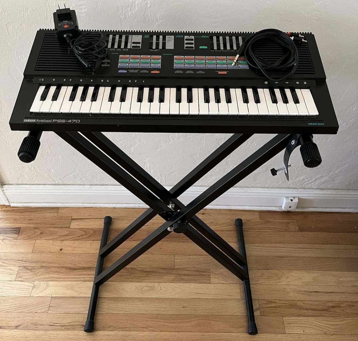 Yamaha PSS-470 Keyboard w/ Power Adapter, Stand & RCA Cable to 3.5mm