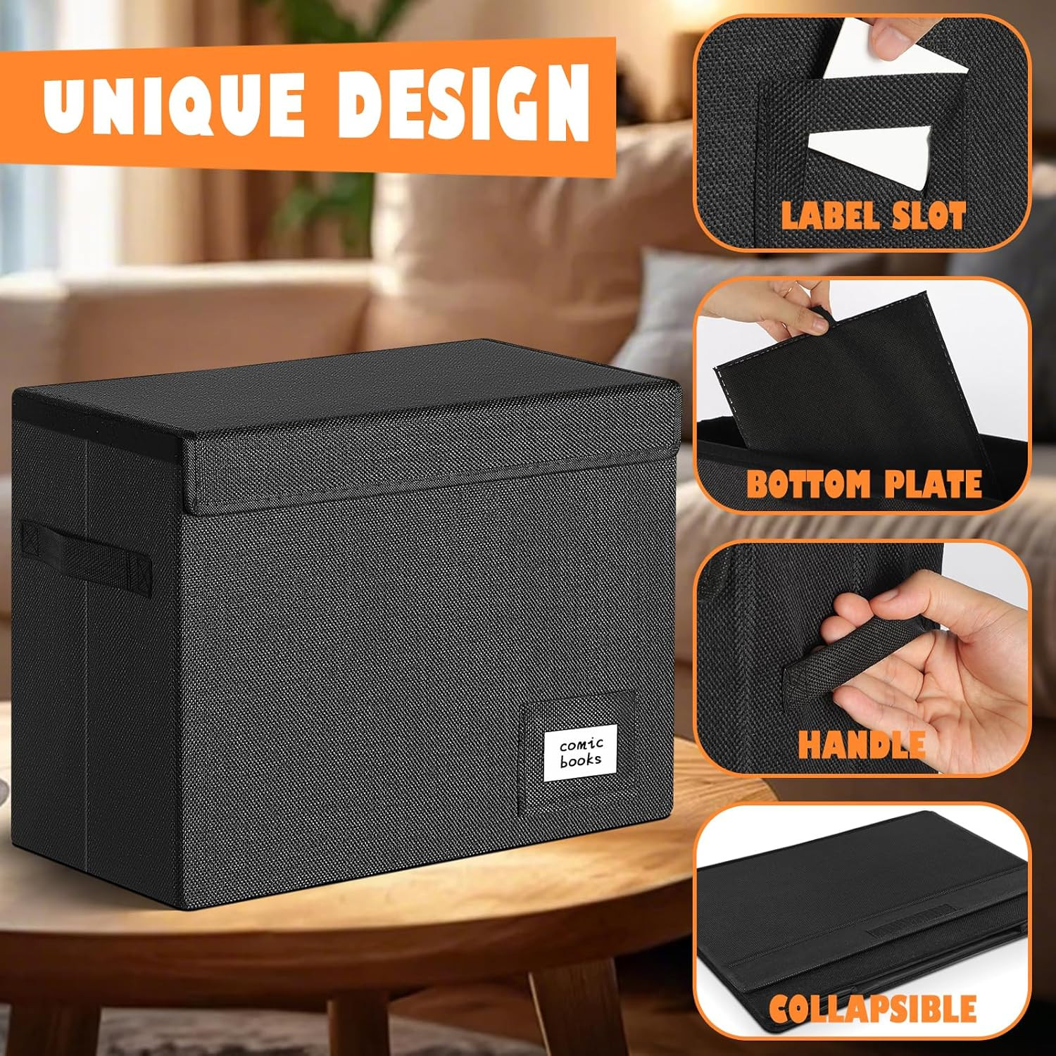 Heavy Duty Collapsible Comic Book Storage Box - Holds 150 Comics, Black