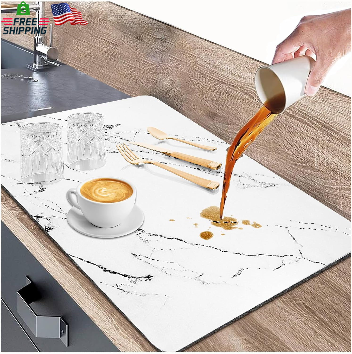 White Dish Drying Mat 24x16 Absorbent Heat Resistant Non Slip Kitchen Counter