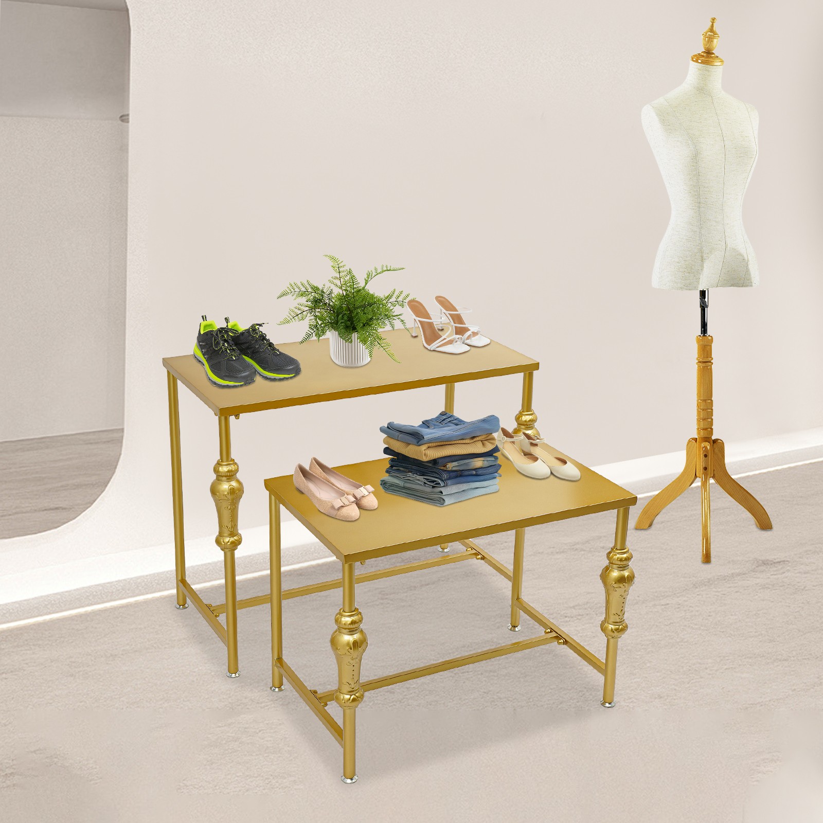 2PCS Gold Industrial Retail Display Tables Standing Clothing Shoes Display Rack