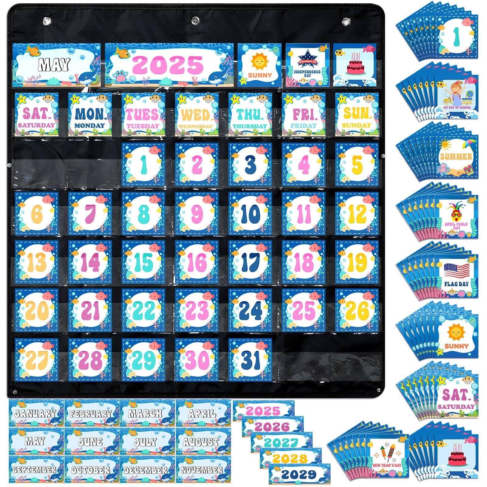 Classroom Calendar Pocket Chart Set Ocean Bulletin Board Seasons Weather