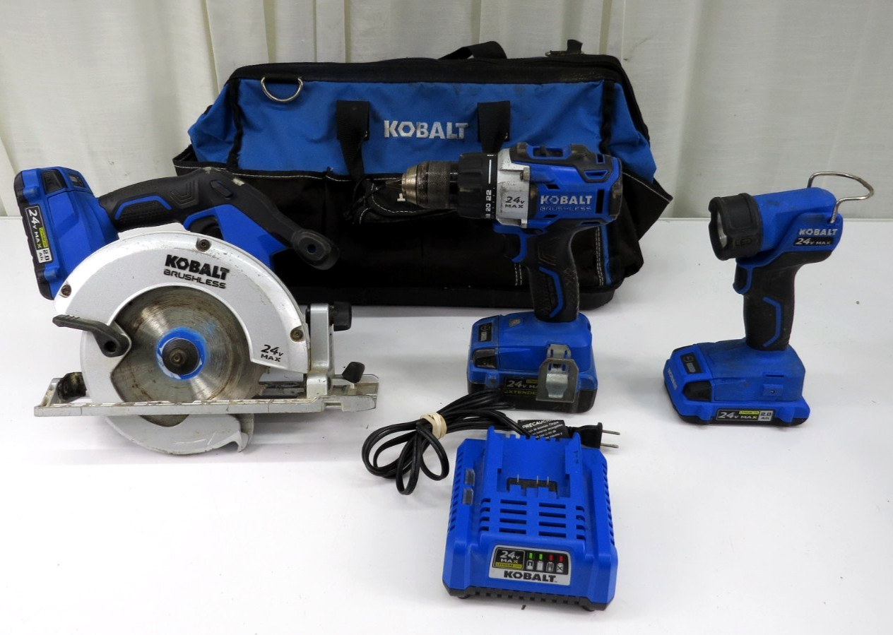 Lot of 3 Kobalt 24V Brushless Tools Saw, Drill Driver & Light W/2x 2Ah & 1x 4Ah