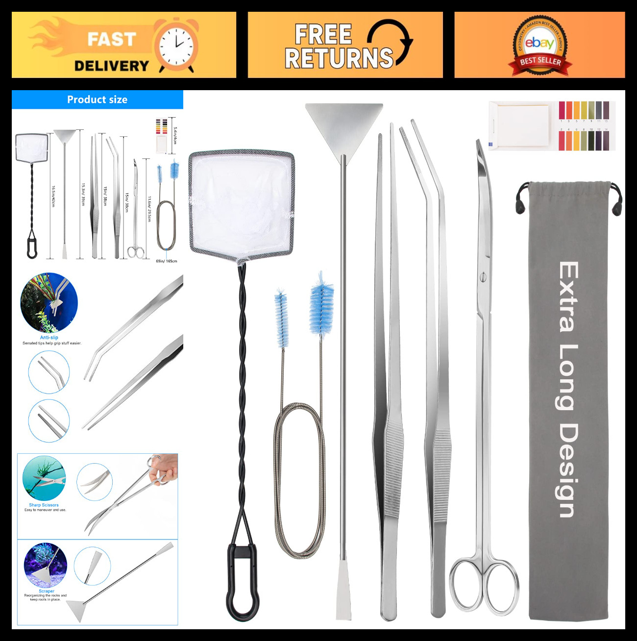 8-in-1 Extra Long Aquarium Aquascaping Tool Kit - Stainless Steel Tweezers, Scis