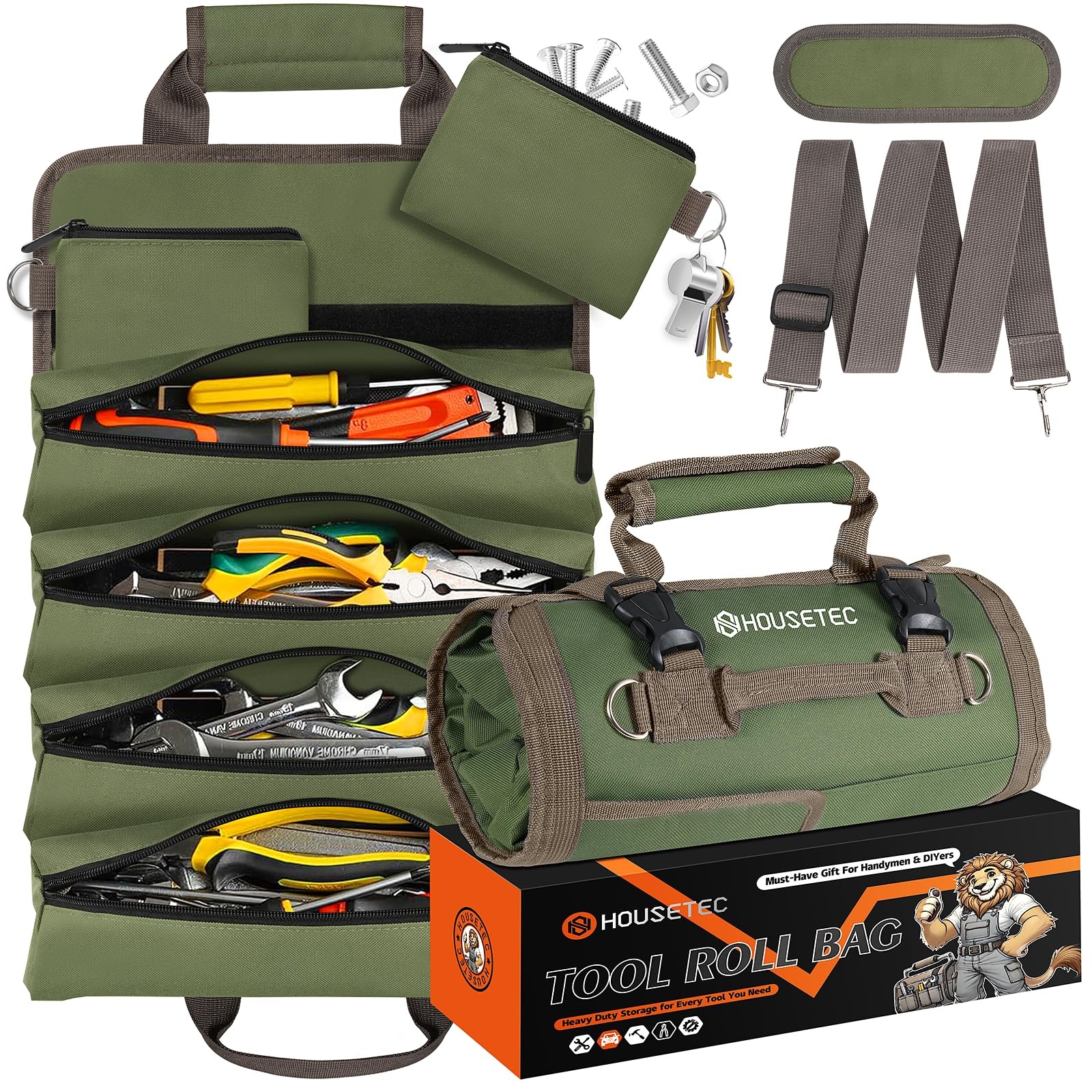 Roll Up Tool Bag Heavy Duty Organizer With 2 Detachable Pouches Green