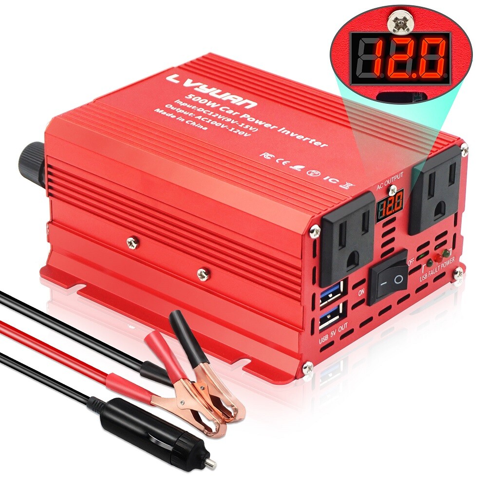 500W Car Power Inverter 12V to 110V 2USB & 2AC & LED Display Charge Laptop Red