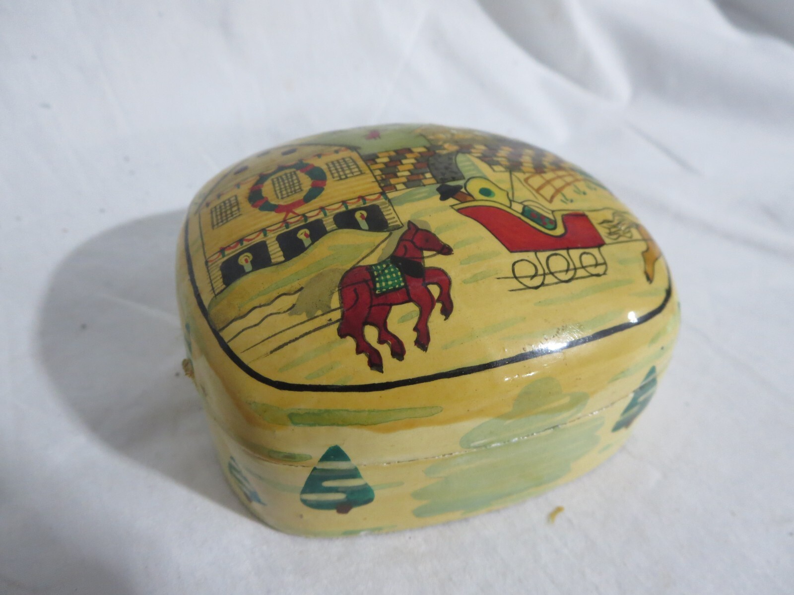 Small Trinket Box Christmas Village Scene Horse Sleigh Pine Trees
